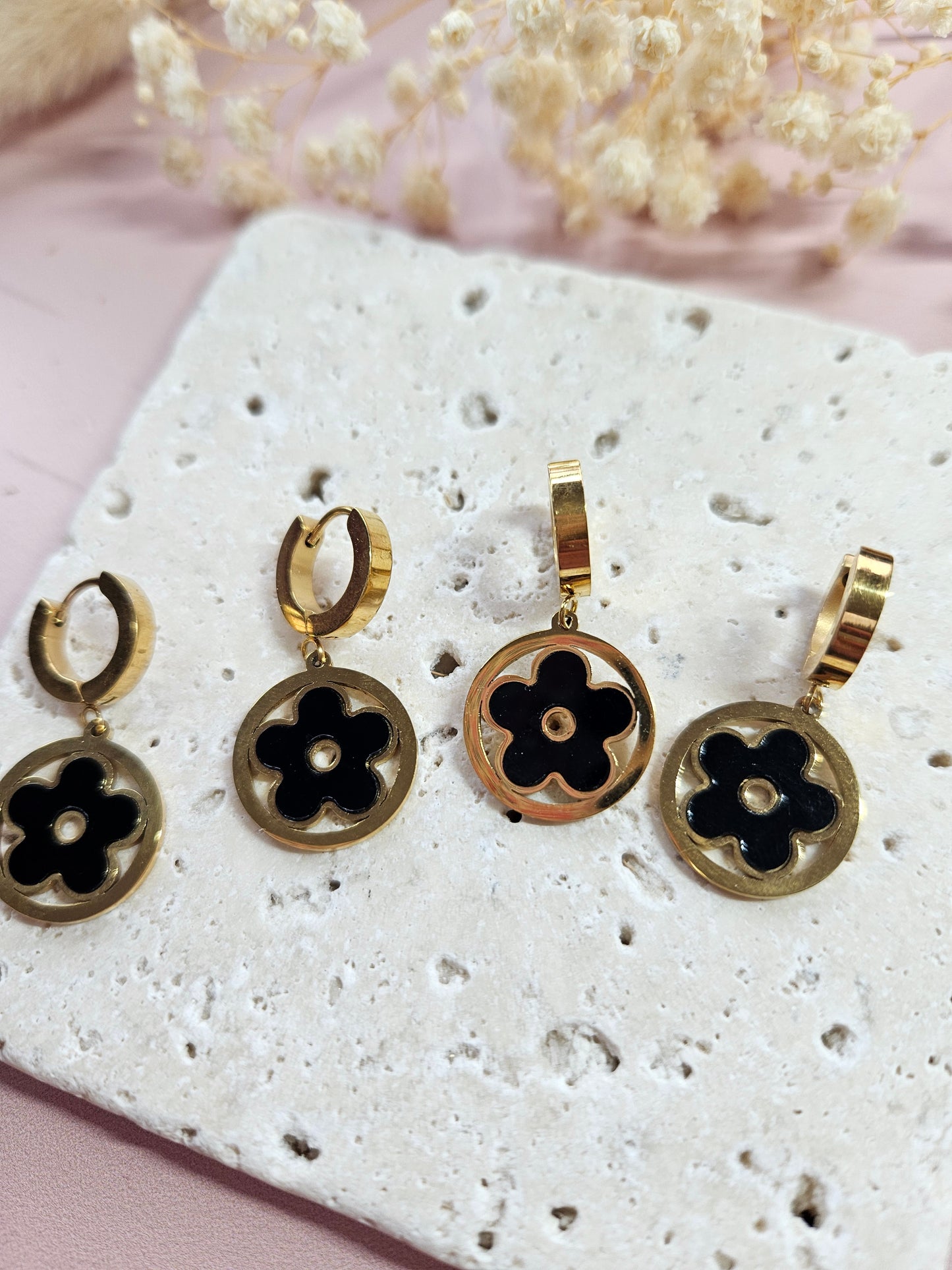 Boucles oreilles - DROP OCTOBRE - DORE PTITE FLEUR NOIR