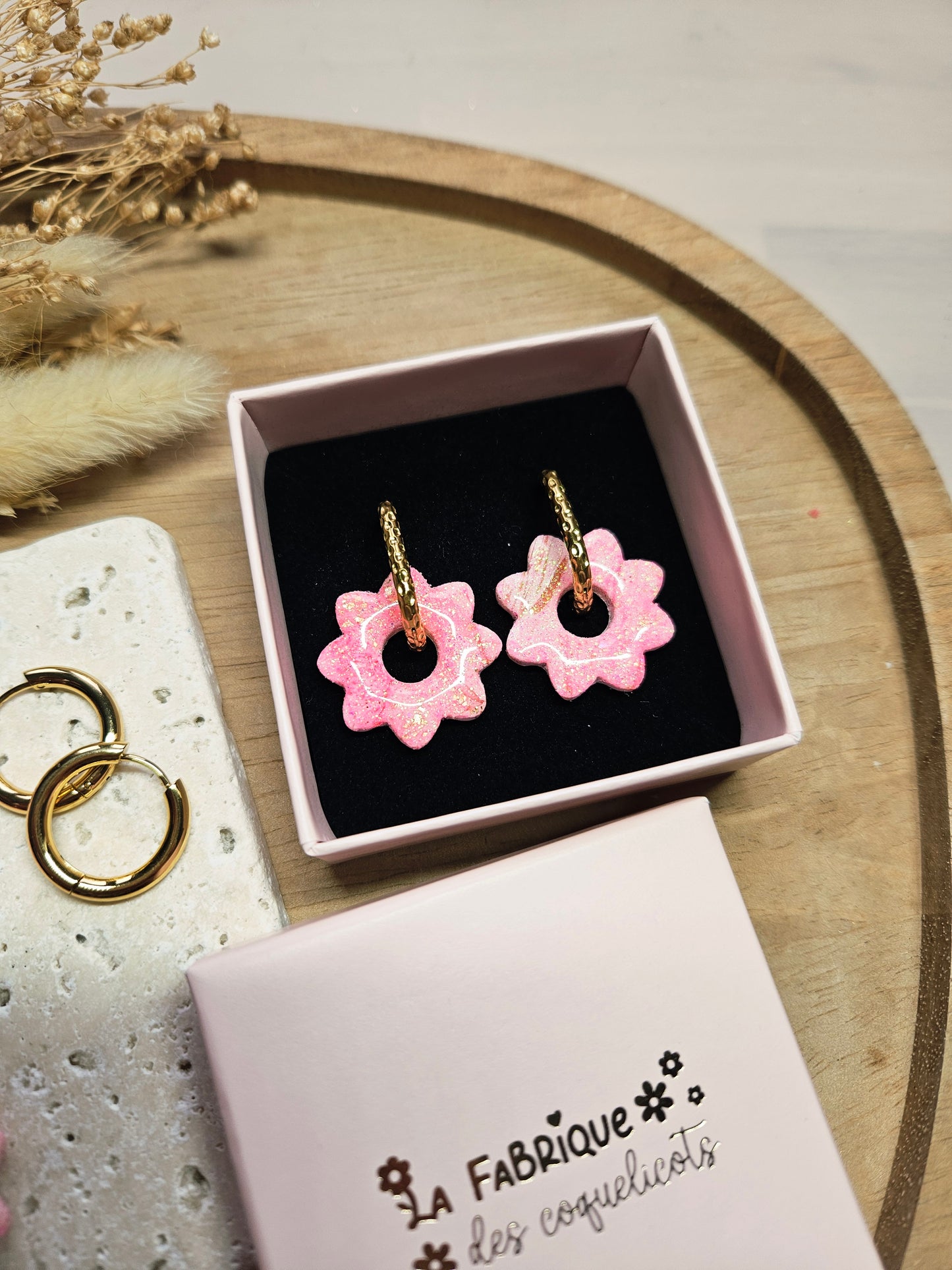 Pampilles interchangeables - par 2 - Collection Saint Valentin - LISETTE - Réversible rose paillette & rose nacré