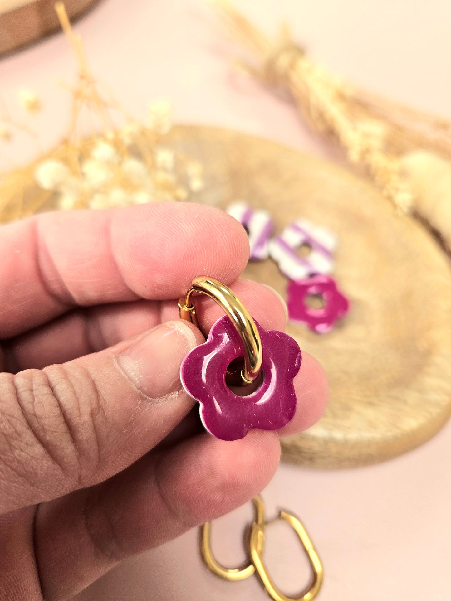 Pampilles interchangeables - par 2 - ZELIE - RAYE BLANC MAUVE