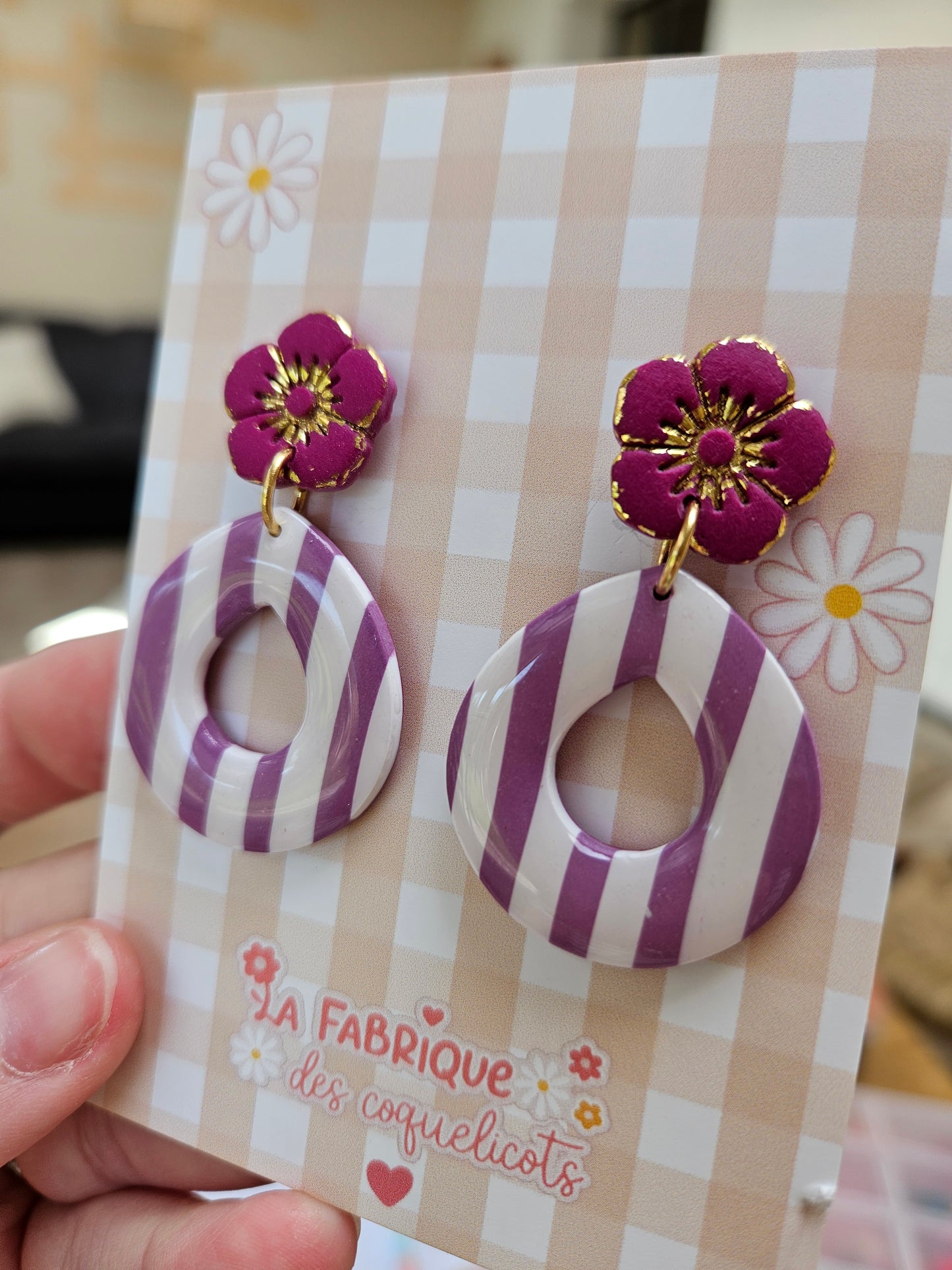 Boucles oreilles - GERALDINE - BLANC RAYE MAUVE