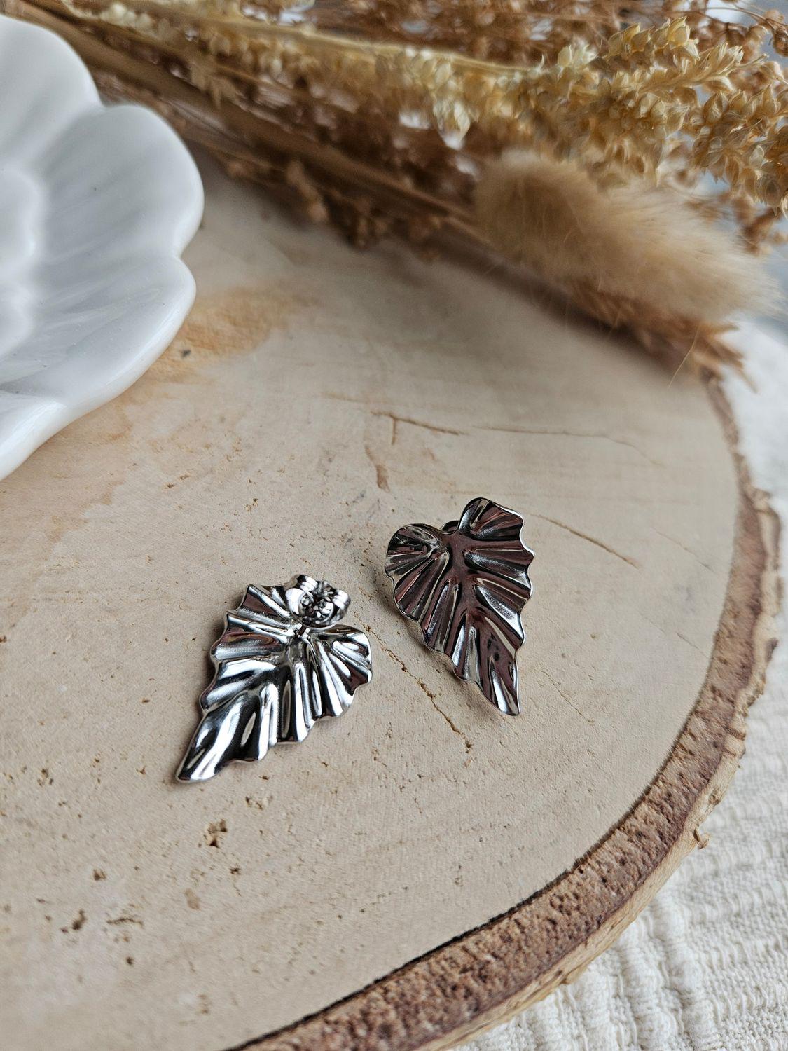 Boucles oreilles LEAF ARGENTÉ - boucle oreille puce doré chat / enfant femme en Acier Inoxydable pour femme Enfant / feuille argenté