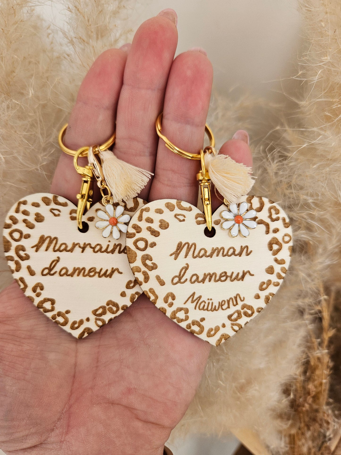 Porte clé bois cœur LEOPARD