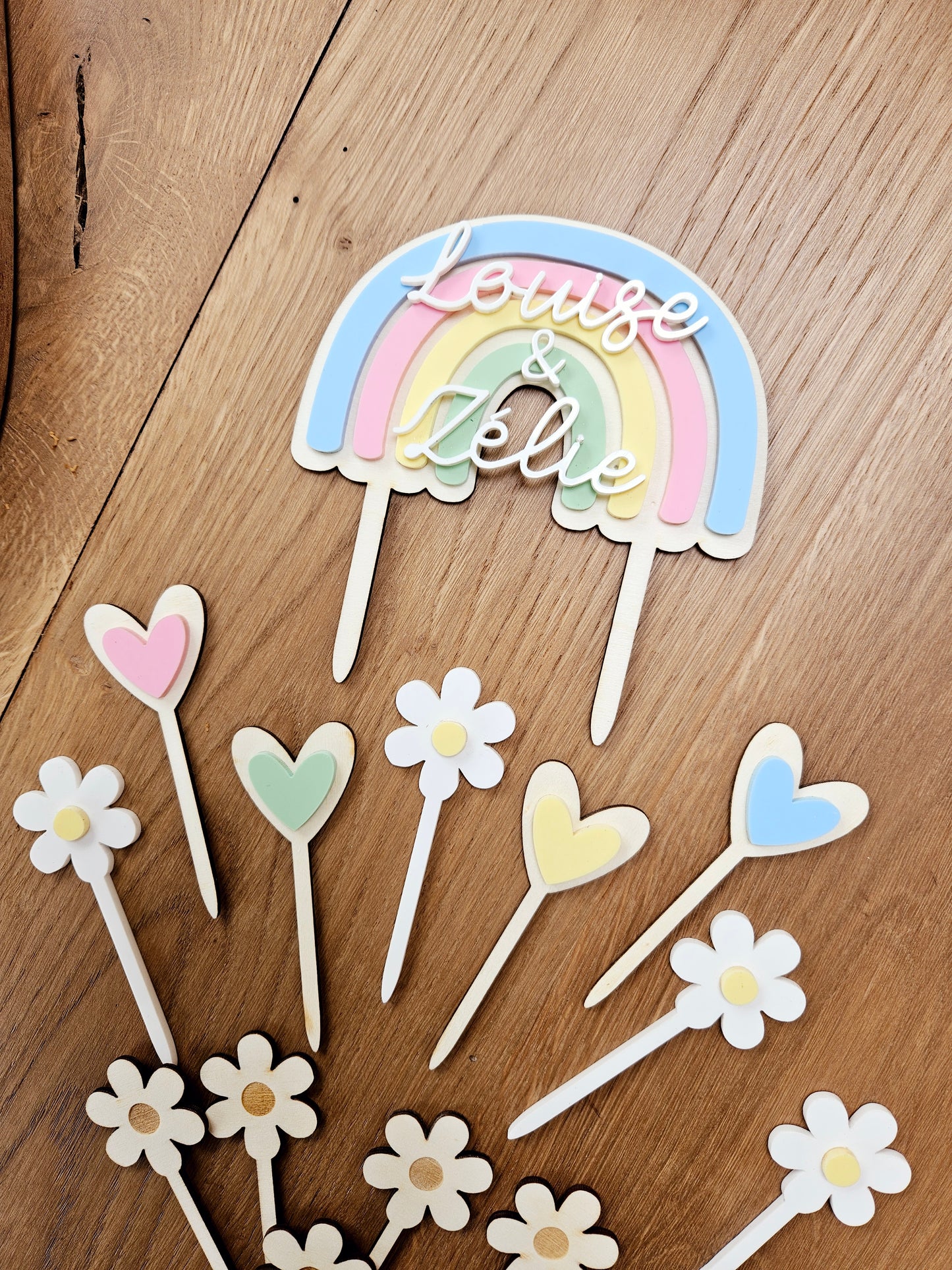 Mini cake topper coeur coloré / décoration gâteau anniversaire, baptême mariage thème arc en ciel coeur