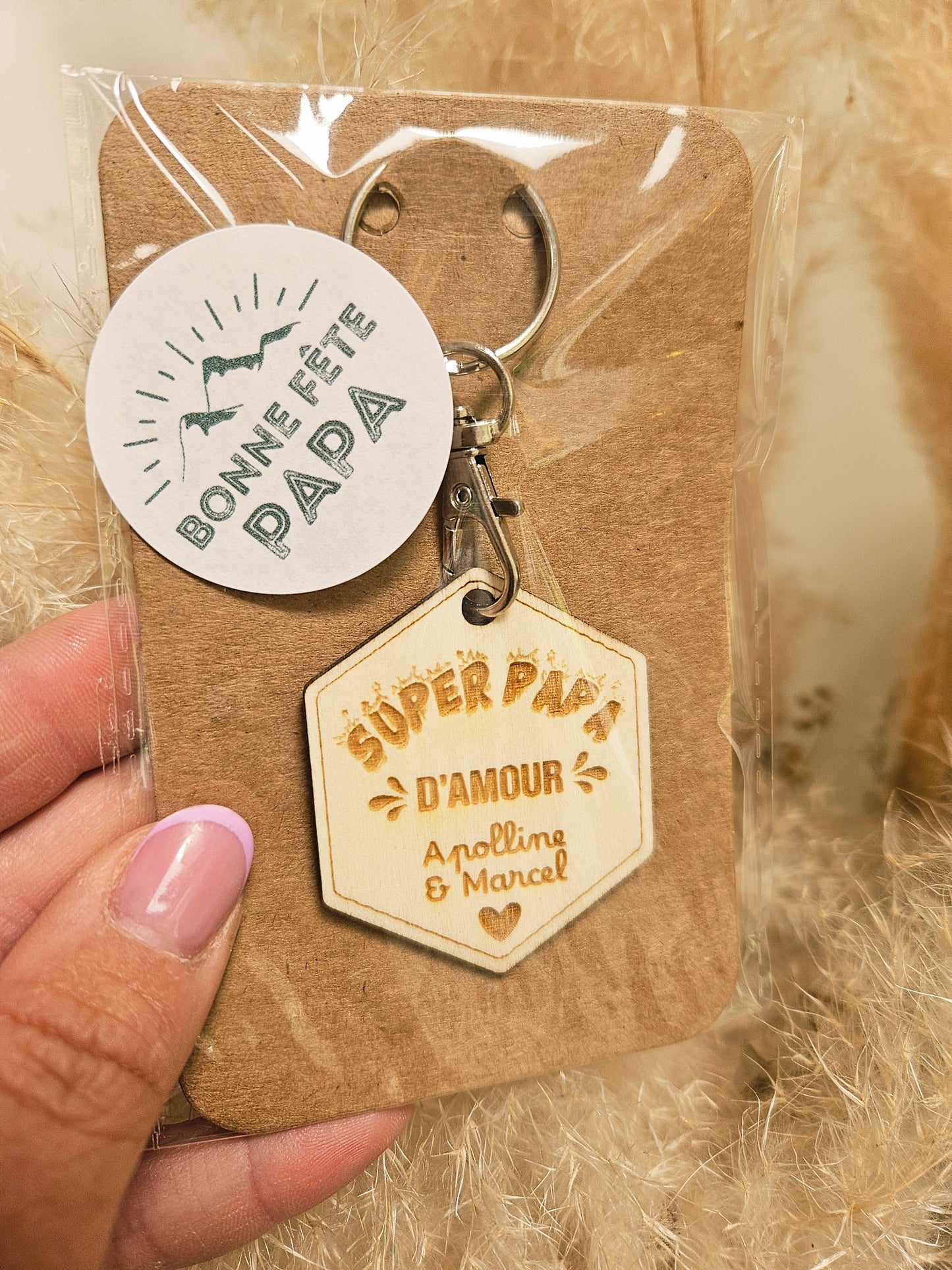 Porte clé bois hexagone PAPA / parrain témoin papy cadeau HOMME