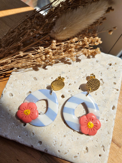 Boucles oreilles - COLLECTION SUMMER - RAYE BLEU FLEUR ROSE