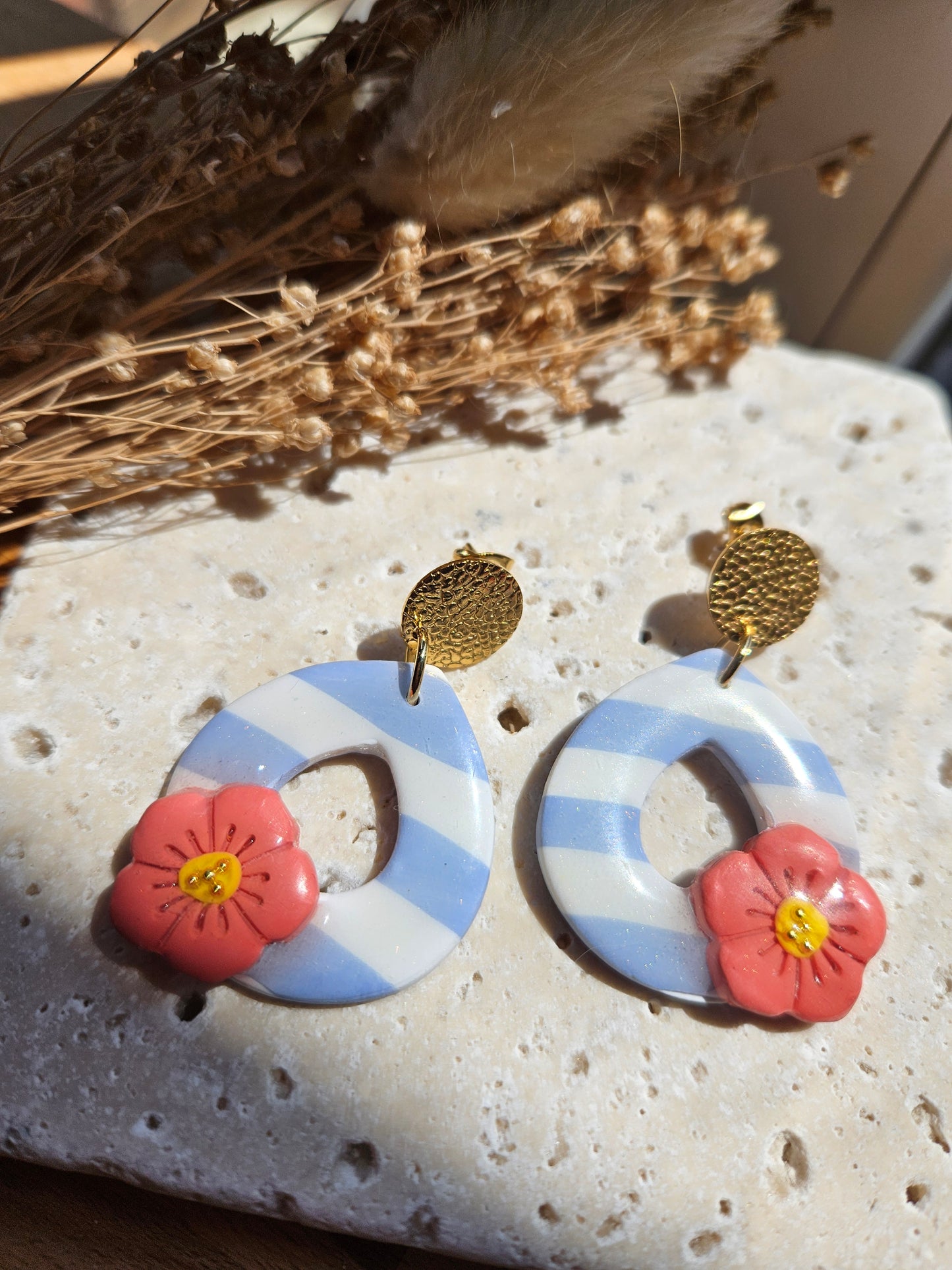 Boucles oreilles - COLLECTION SUMMER - RAYE BLEU FLEUR ROSE