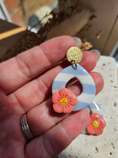 Boucles oreilles - COLLECTION SUMMER - RAYE BLEU FLEUR ROSE