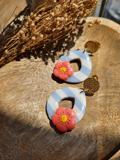 Boucles oreilles - COLLECTION SUMMER - RAYE BLEU FLEUR ROSE