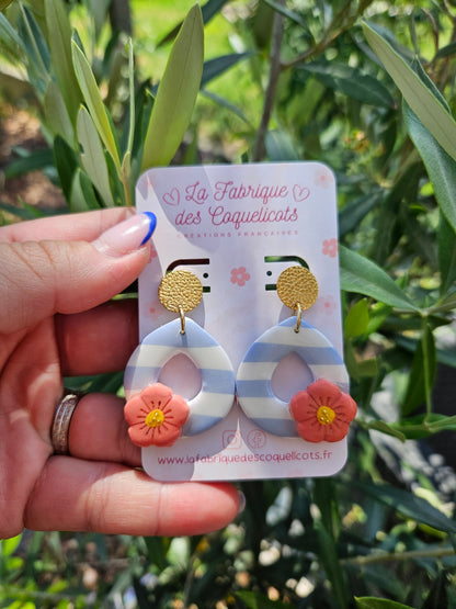 Boucles oreilles - COLLECTION SUMMER - RAYE BLEU FLEUR ROSE