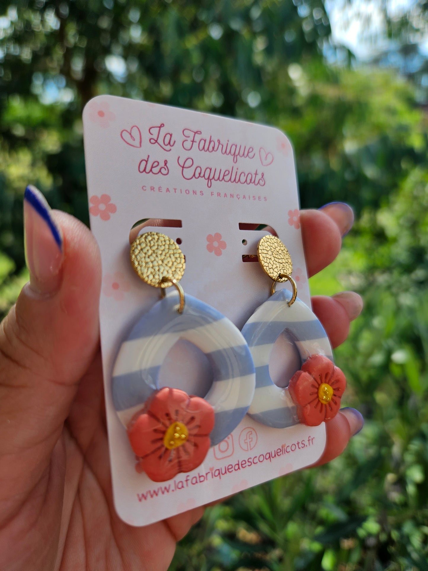 Boucles oreilles - COLLECTION SUMMER - RAYE BLEU FLEUR ROSE