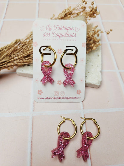 Boucles oreilles OCTOBRE ROSE ruban rose / solidarité boucle oreille femme  / créole femme / fait main / cadeau femme /