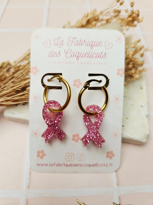 Pampilles interchangeables - par 2 - OCTOBRE ROSE ruban rose