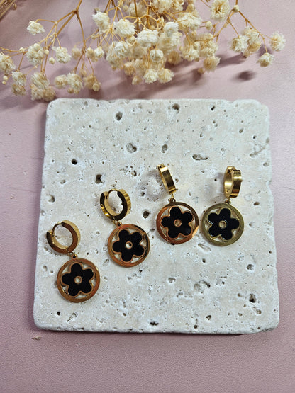 Boucles oreilles - DROP OCTOBRE - DORE PTITE FLEUR NOIR