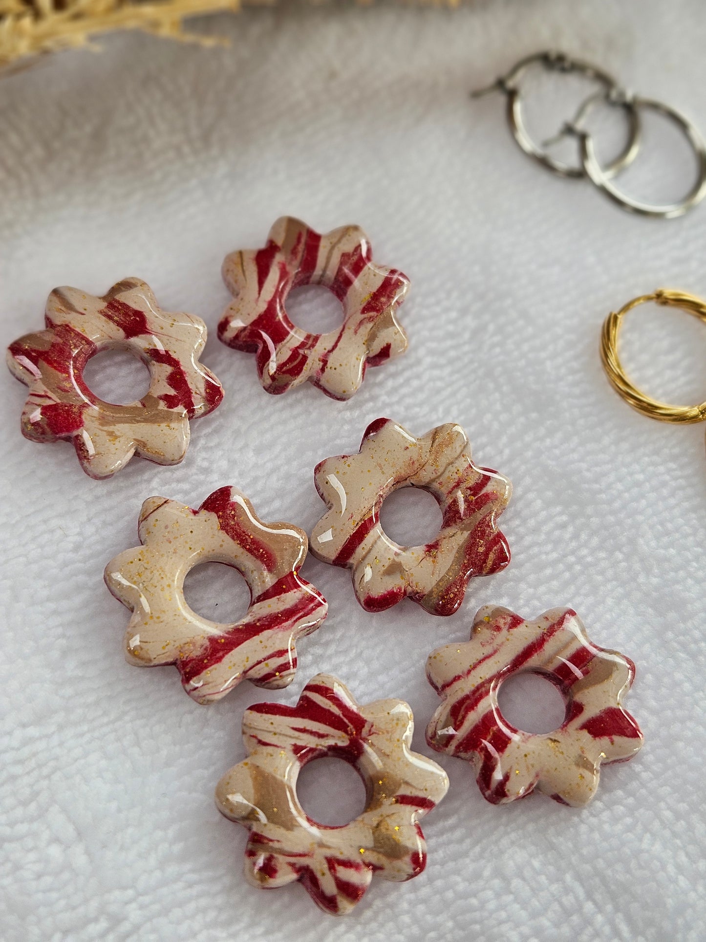 Pampilles interchangeables - par 2 - Collection Noël "Let it Shine" - LISETTE - ROUGE ET IVOIRE MARBRÉ