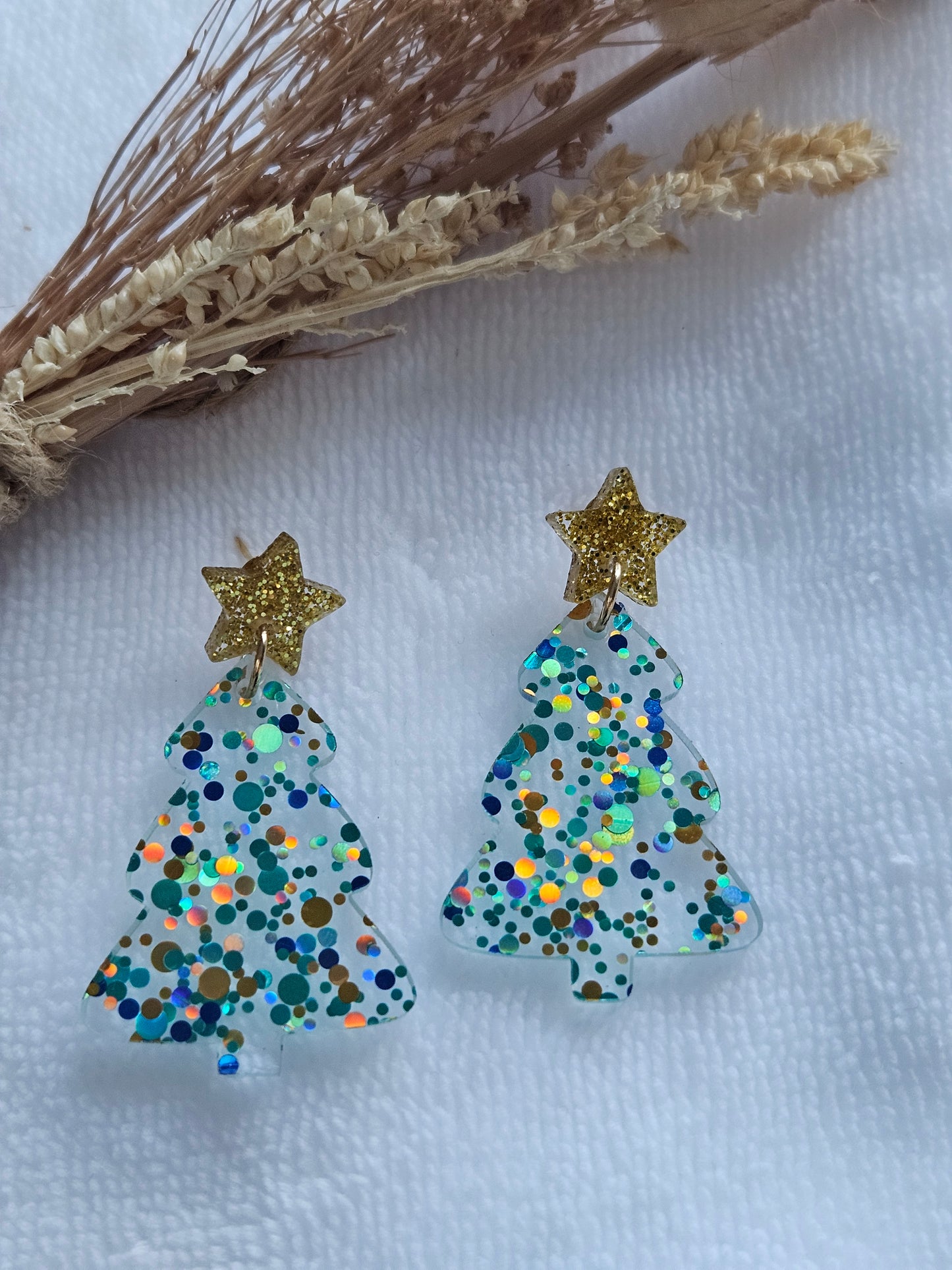 Boucles d'oreilles  - Collection Noël "Let it Shine" - Sapin multi vert et Etoile doré