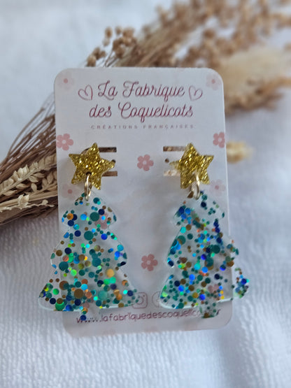 Boucles d'oreilles  - Collection Noël "Let it Shine" - Sapin multi vert et Etoile doré
