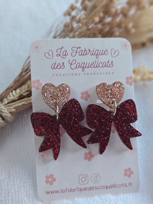 Boucles d'oreilles  - Collection Noël "Let it Shine" - Cœur champagne et Nœud rouge paillettes
