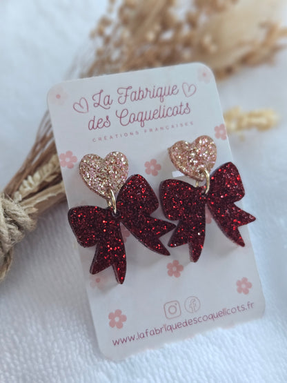 Boucles d'oreilles  - Collection Noël "Let it Shine" - Cœur champagne et Nœud rouge paillettes