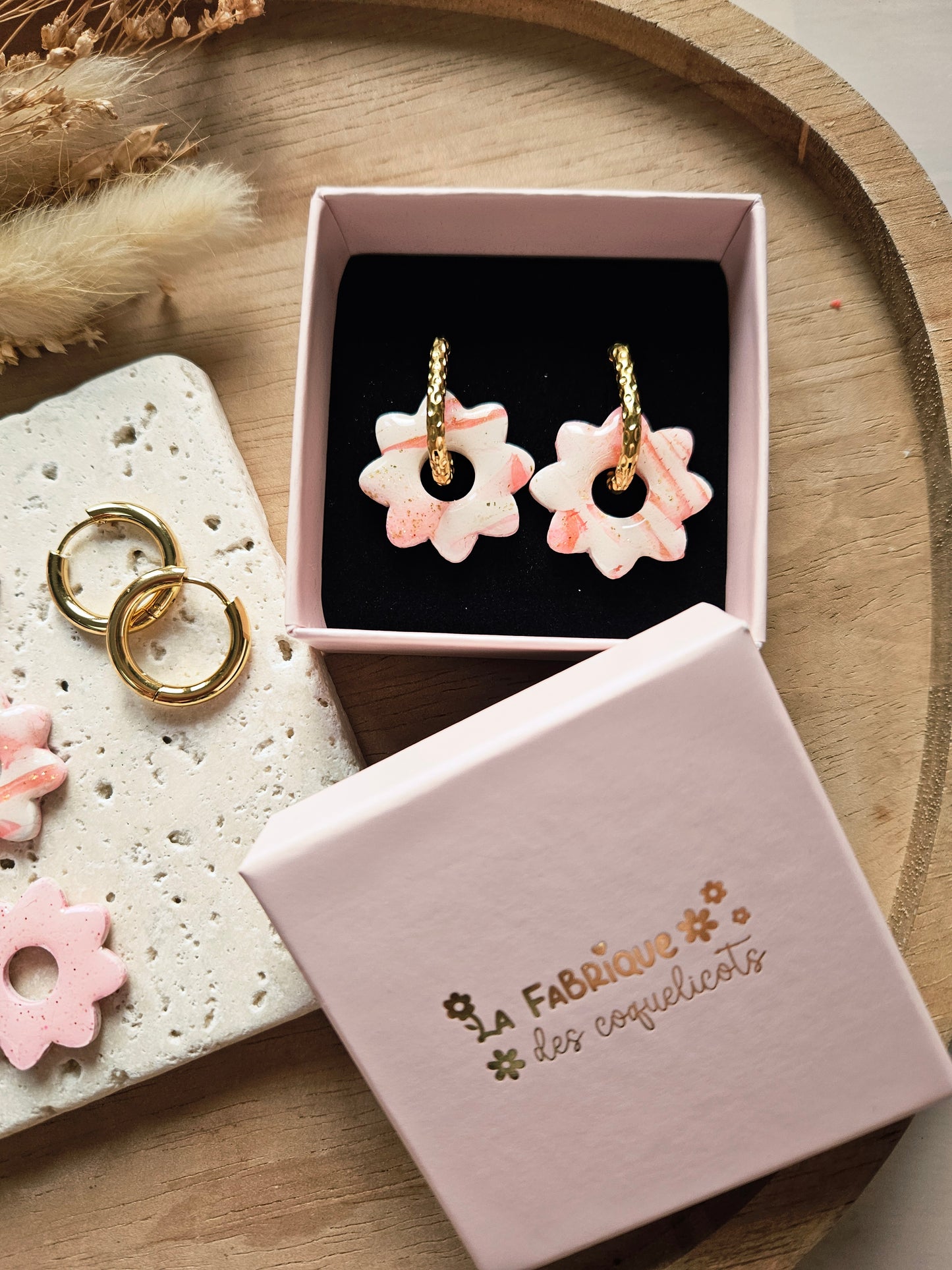 Pampilles interchangeables - par 2 - Collection Saint Valentin - LISETTE - Réversible ROSE MARBRÉE / ROSE FRAISE