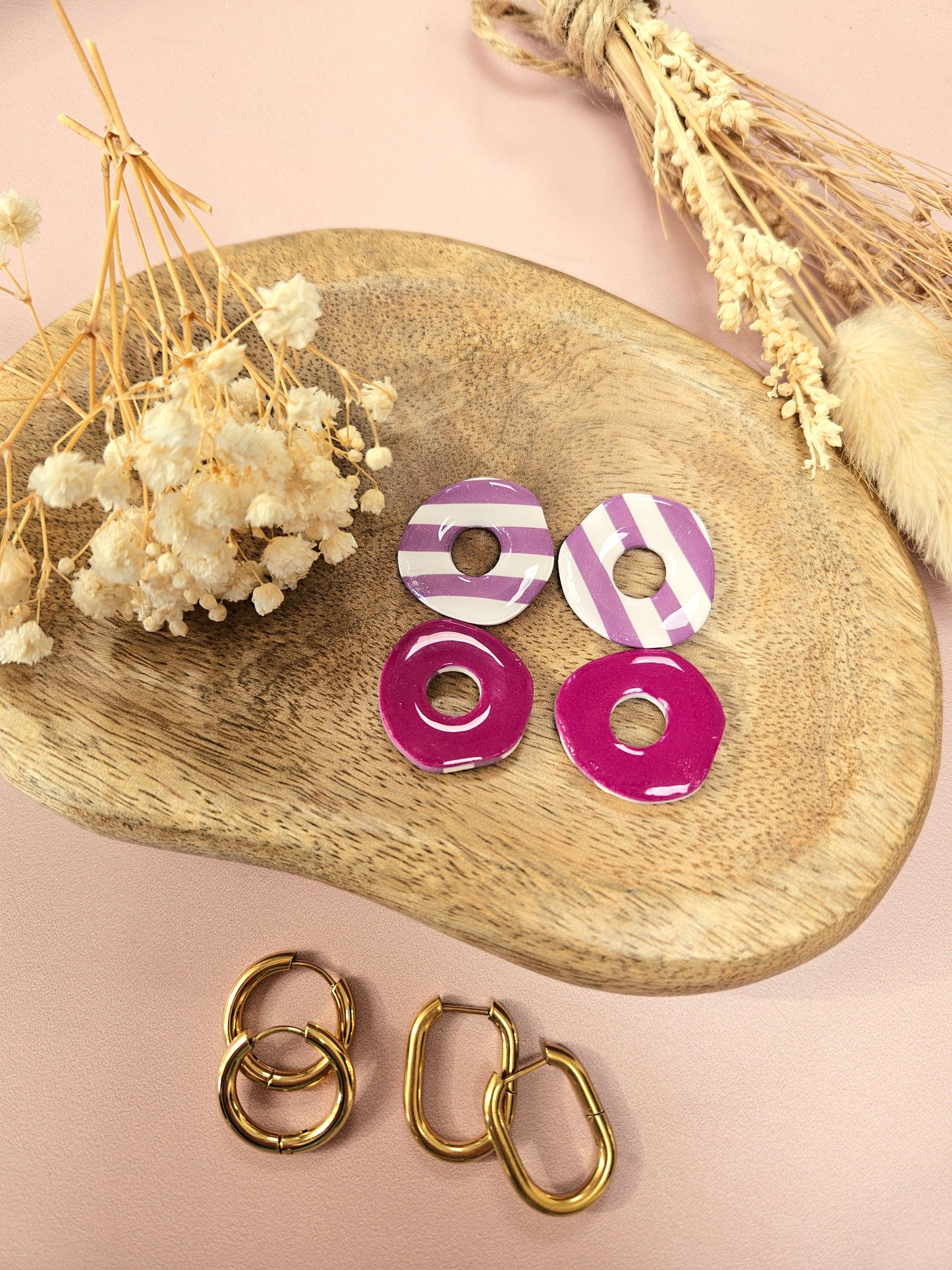 Pampilles interchangeables - par 2 - DONUT - RAYE BLANC MAUVE - REVERSIBLE