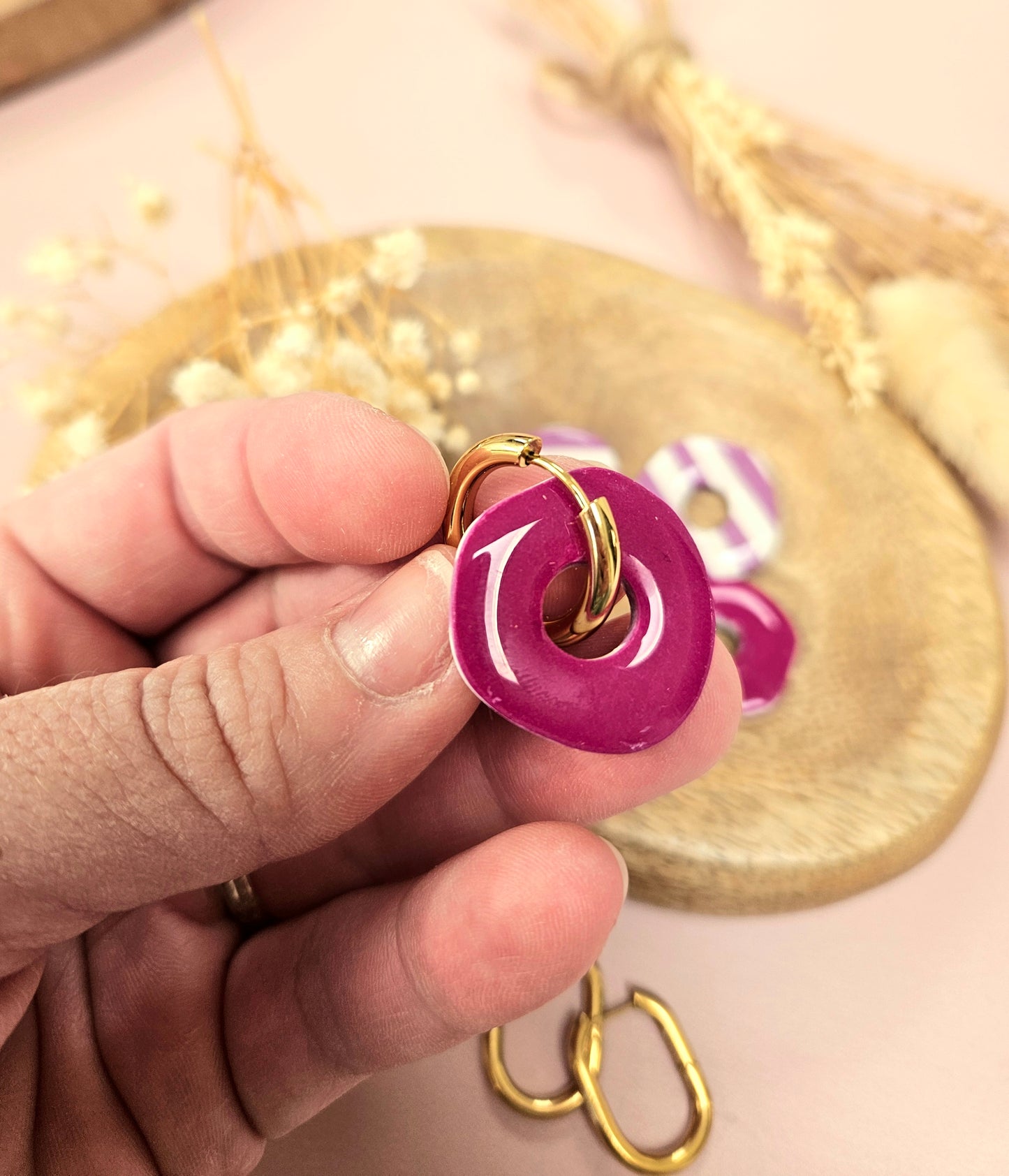 Pampilles interchangeables - par 2 - DONUT - RAYE BLANC MAUVE - REVERSIBLE