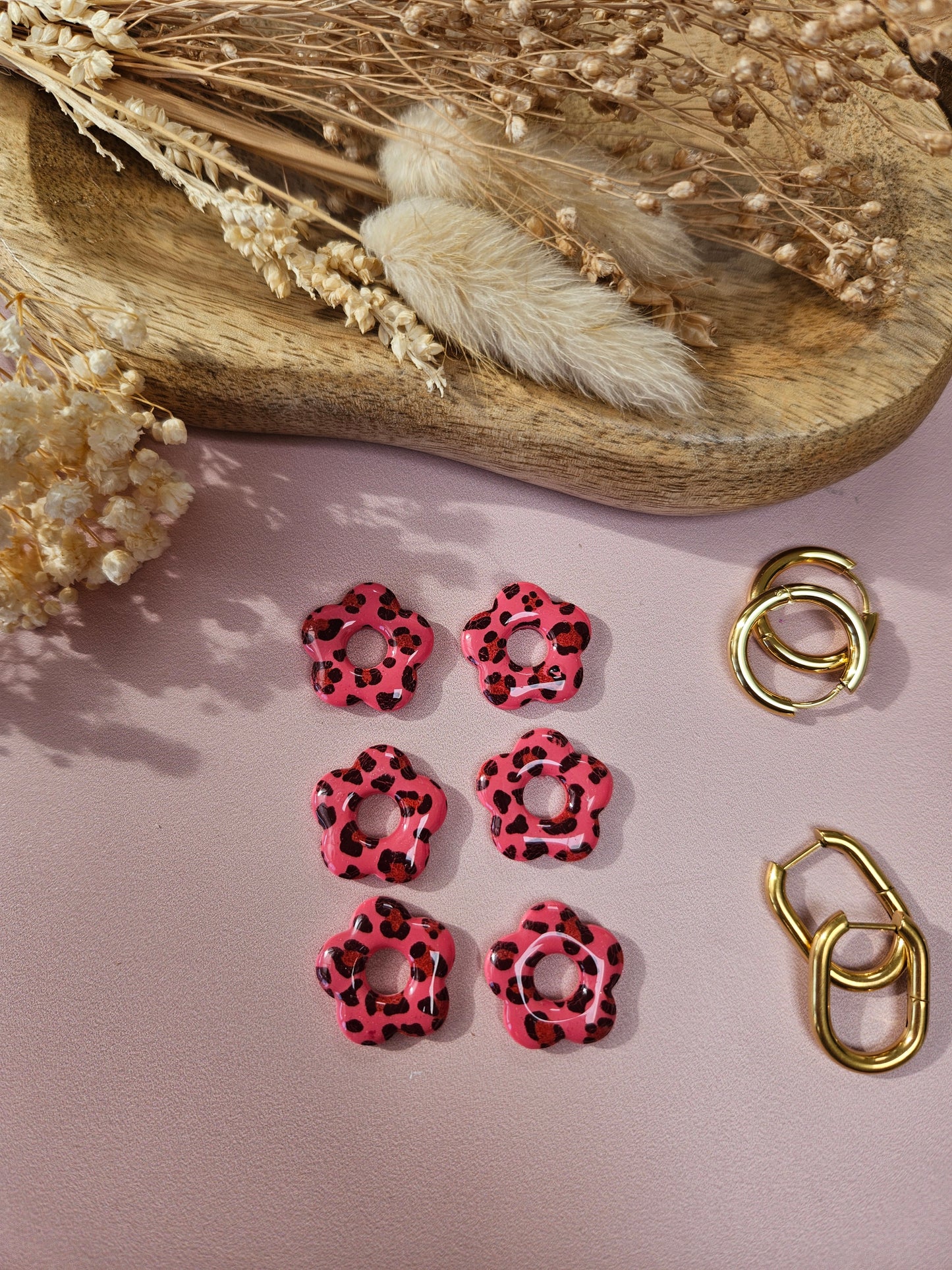 Pampilles interchangeables - par 2 - ZELIE - ROSE FRAMBOISE LEOPARD REVERSIBLE