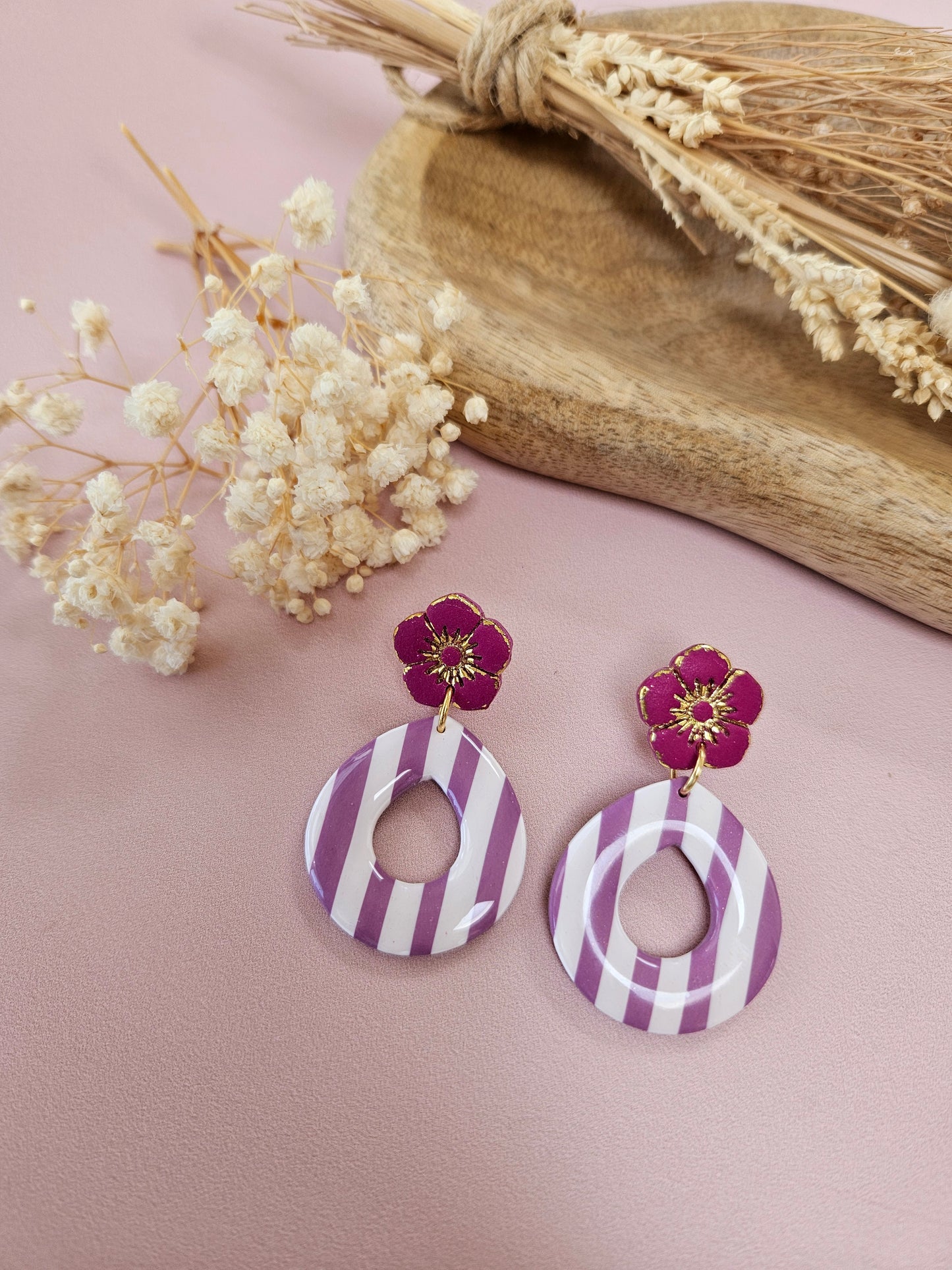 Boucles oreilles - GERALDINE - BLANC RAYE MAUVE