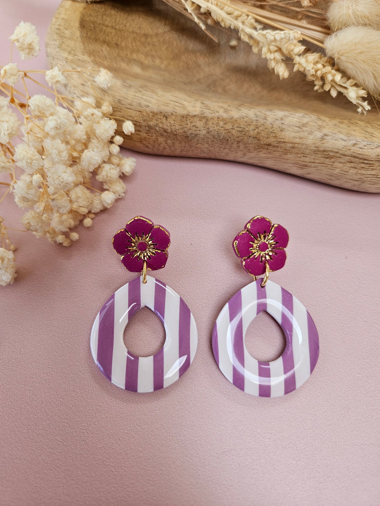 Boucles oreilles - GERALDINE - BLANC RAYE MAUVE