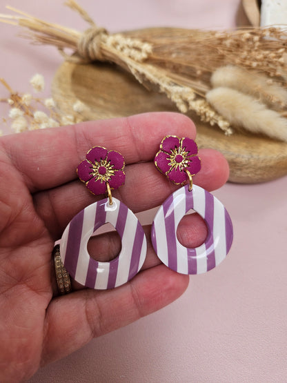 Boucles oreilles - GERALDINE - BLANC RAYE MAUVE