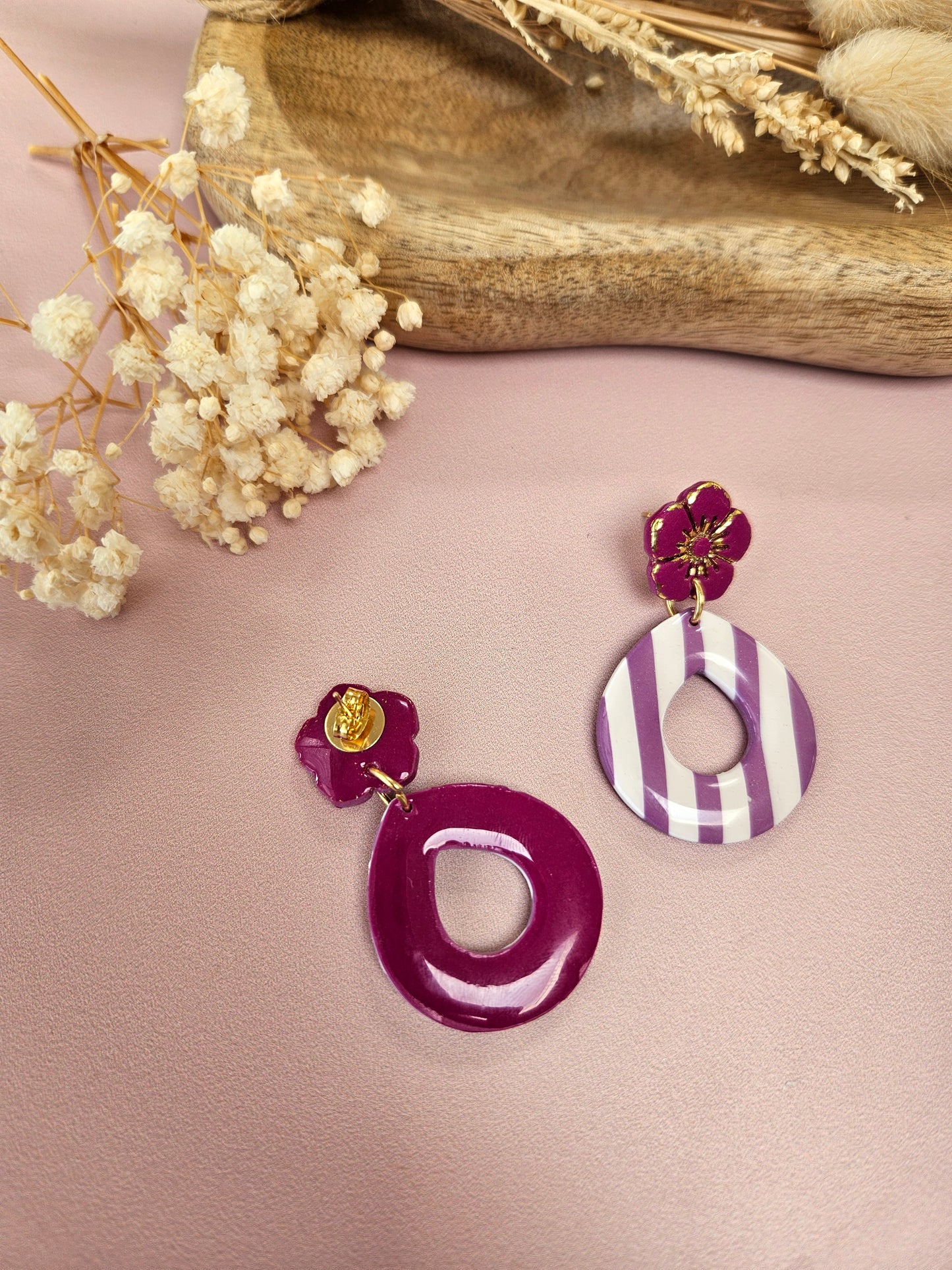 Boucles oreilles - GERALDINE - BLANC RAYE MAUVE