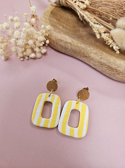 Boucles oreilles - CLAUDINE - RAYE JAUNE ET BLANC