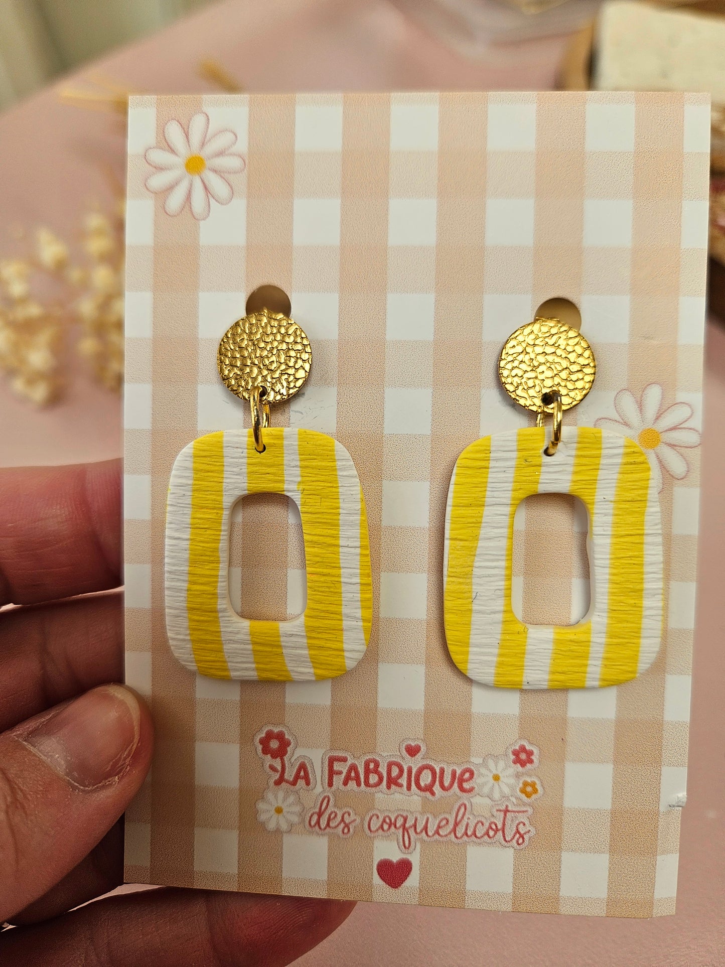 Boucles oreilles - CLAUDINE - RAYE JAUNE ET BLANC