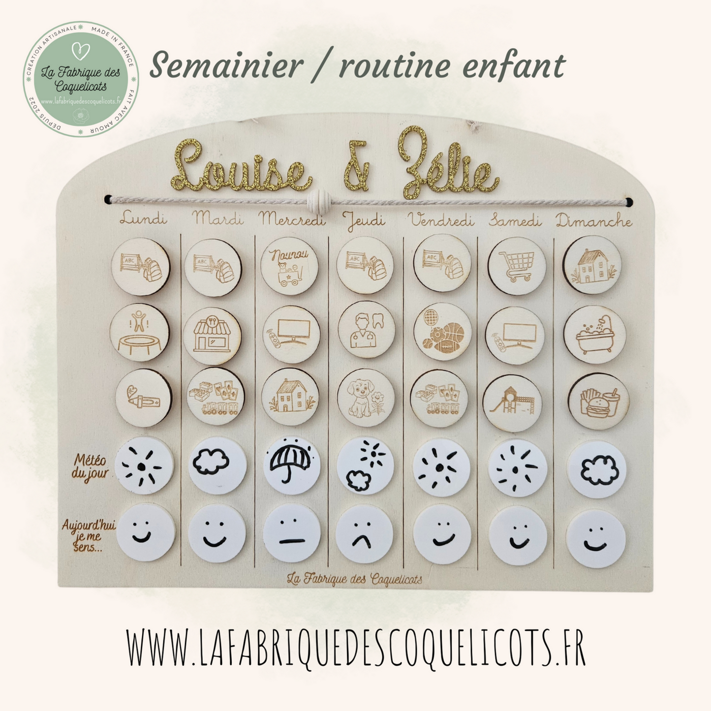 Tableau semainier / routine enfant personnalisé avec prénom / a suspendre / Bois
