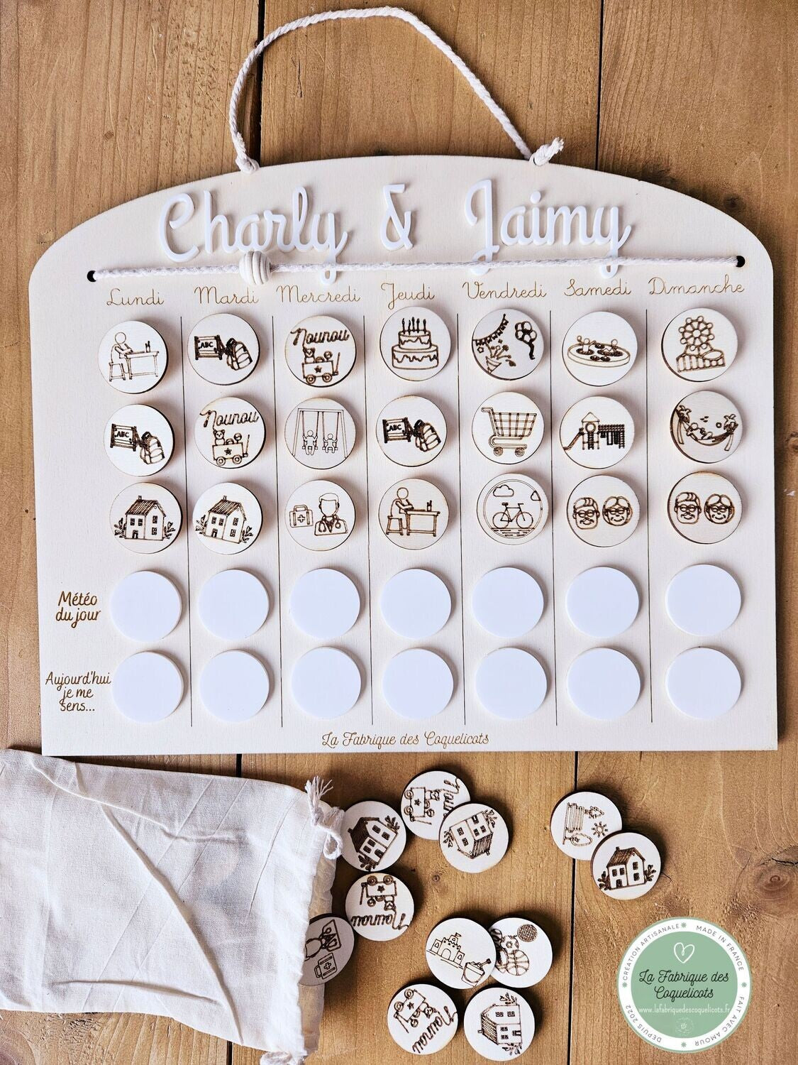 Tableau semainier / routine enfant personnalisé avec prénom / a suspendre / Bois