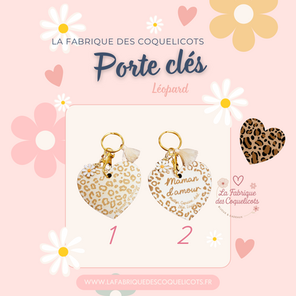 Porte clé bois cœur LEOPARD