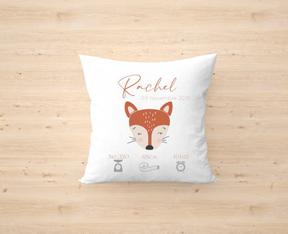 Coussin personnalisé | coussin de naissance | cadeau de naissance | coussin bébé | enfant | tête de renard | renard | animaux forêt