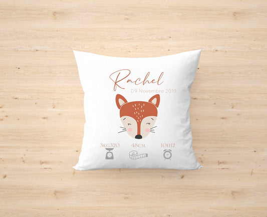 Coussin personnalisé | coussin de naissance | cadeau de naissance | coussin bébé | enfant | tête de renard | renard | animaux forêt