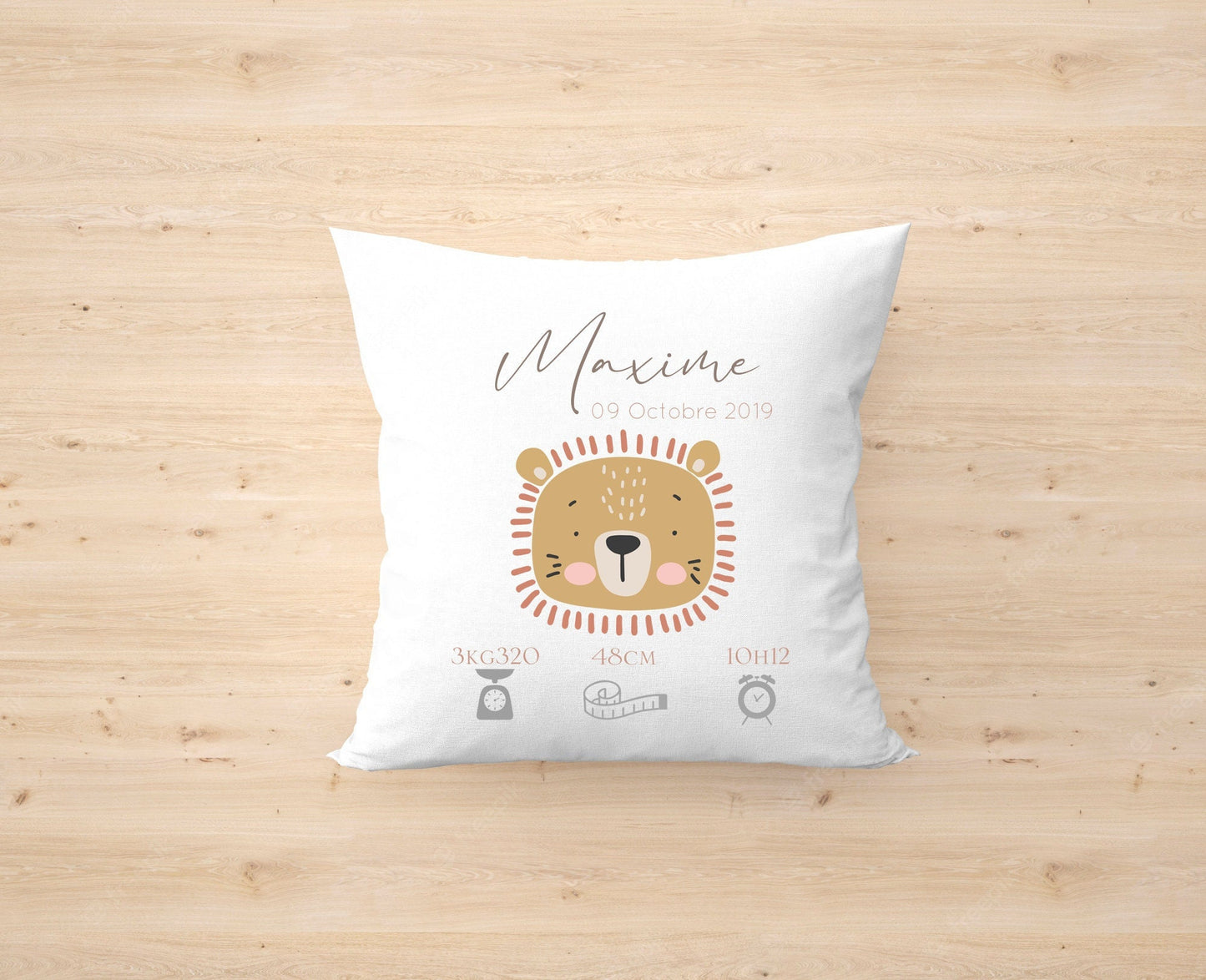 Coussin personnalisé | coussin de naissance | cadeau de naissance | coussin bébé | enfant | Tête de Lion | Animaux jungle | savane