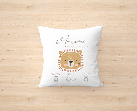 Coussin personnalisé | coussin de naissance | cadeau de naissance | coussin bébé | enfant | Tête de Lion | Animaux jungle | savane