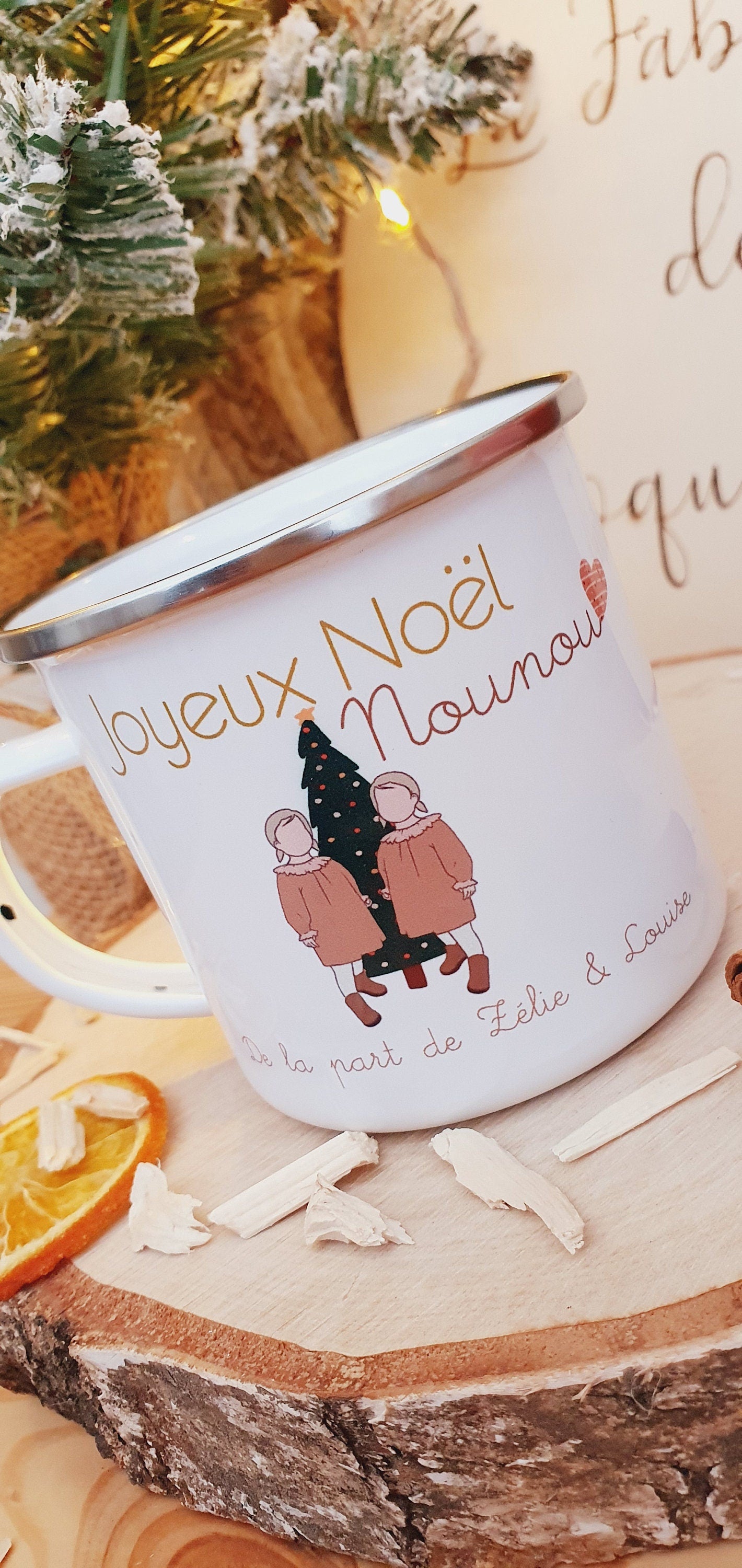 Mug céramique ou métal vintage personnalisé de Noël | Enfant jumelle jumeau | cadeau personnalisé, nounou maitresse atsem tatie mamie papy