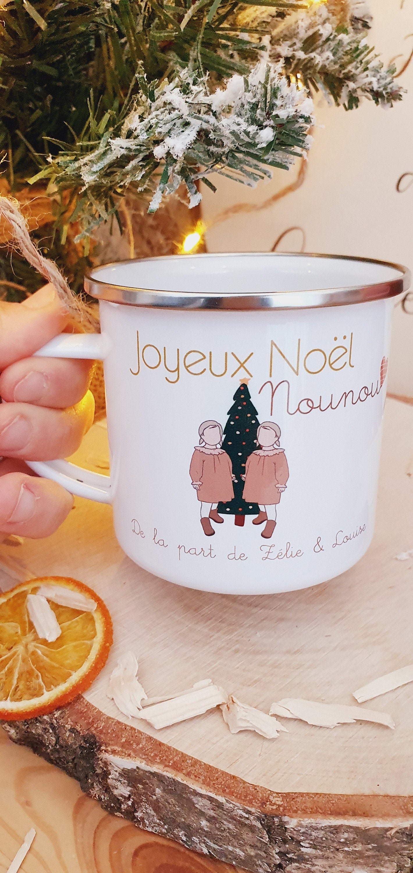 Mug céramique ou métal vintage personnalisé de Noël | Enfant jumelle jumeau | cadeau personnalisé, nounou maitresse atsem tatie mamie papy