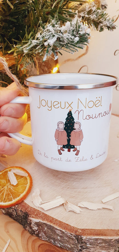 Mug céramique ou métal vintage personnalisé de Noël | Enfant jumelle jumeau | cadeau personnalisé, nounou maitresse atsem tatie mamie papy