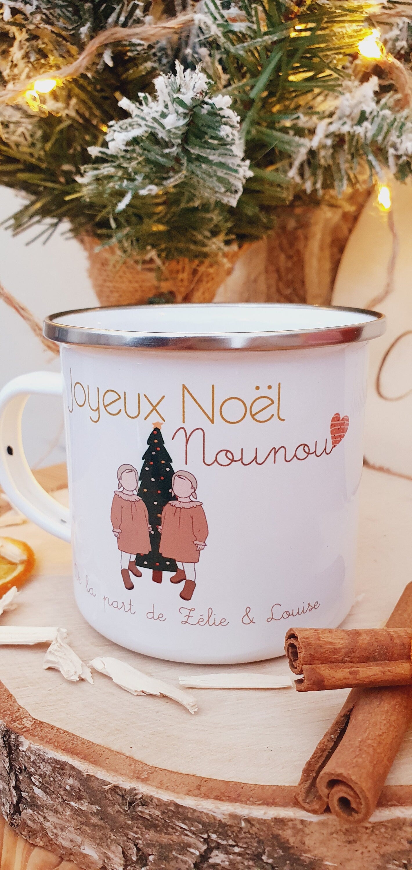 Mug céramique ou métal vintage personnalisé de Noël | Enfant jumelle jumeau | cadeau personnalisé, nounou maitresse atsem tatie mamie papy