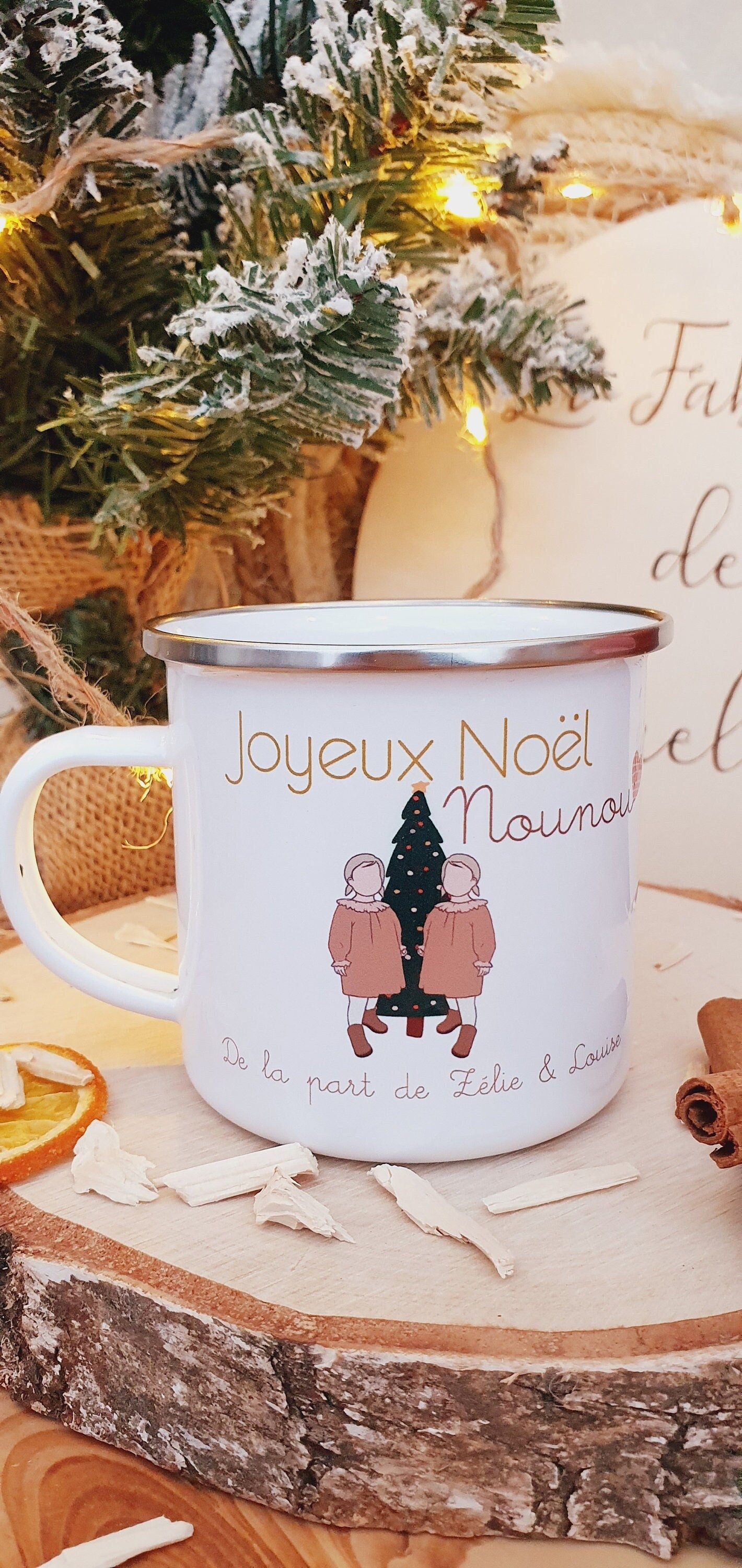 Mug céramique ou métal vintage personnalisé de Noël | Enfant jumelle jumeau | cadeau personnalisé, nounou maitresse atsem tatie mamie papy