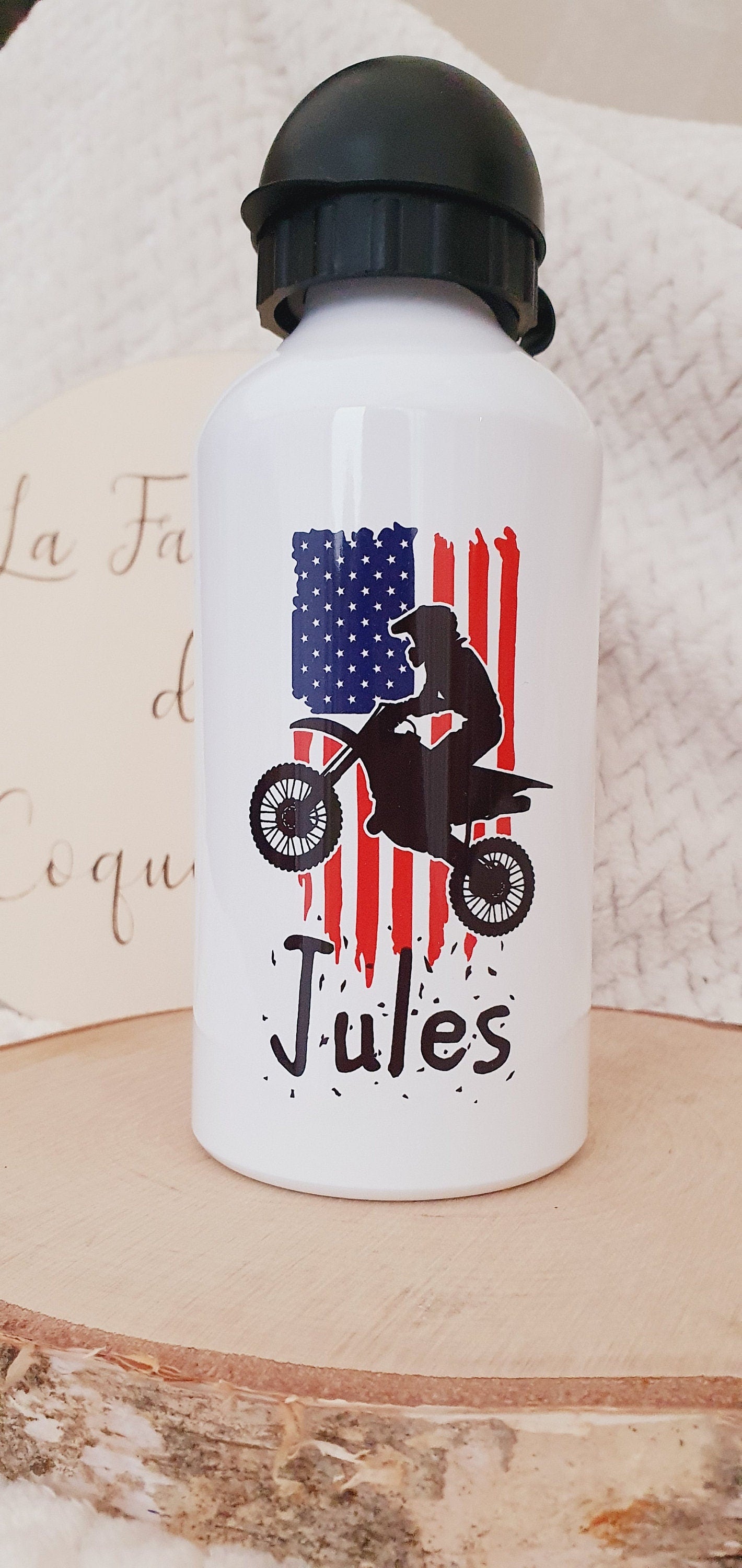 Gourde personnalisé | Gourde enfant | Rentrée des classes | cadeau personnalisé | garçon | moto | moto cross | bike | black and white