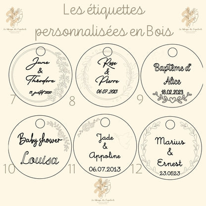 Etiquette personnalisée EN BOIS  | ronde | Mariage baptême baby shower anniversaire pacs communion / Marque place invité