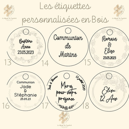 Etiquette personnalisée EN BOIS  | ronde | Mariage baptême baby shower anniversaire pacs communion / Marque place invité