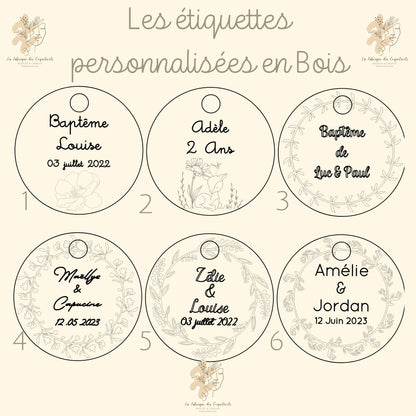 Etiquette personnalisée EN BOIS  | ronde | Mariage baptême baby shower anniversaire pacs communion / Marque place invité