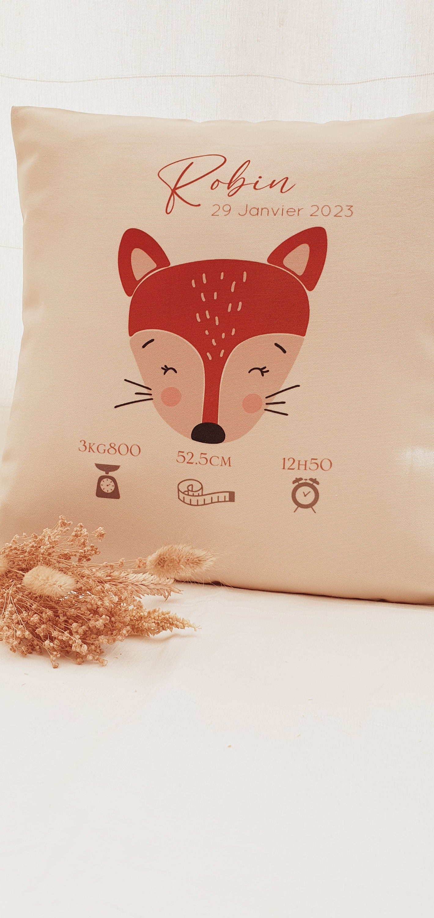 Coussin personnalisé | coussin de naissance | cadeau de naissance | coussin bébé | enfant | tête de renard | renard | animaux forêt