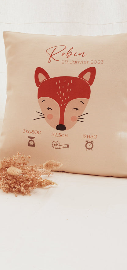 Coussin personnalisé | coussin de naissance | cadeau de naissance | coussin bébé | enfant | tête de renard | renard | animaux forêt